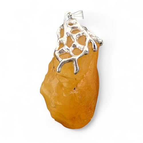 LeoLars-PABE Honiggelber opaker Nordsee Bernstein Design Anhänger aus 925er Silber, natürlich, unbearbeitet, Gitterstruktur Tropfen Design, groß; 52mm x 29,4mm, Unikat, Unisex, Handarbeit