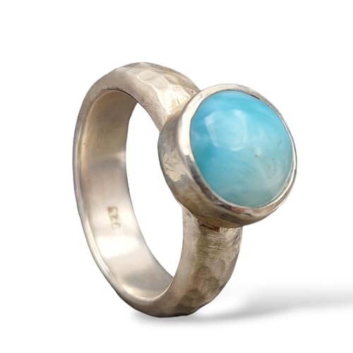 LeoLars-PABE 925er Silber Design Ring mit einem Top blau-weißen Larimar, massiv, mit gehämmerter Ringschiene Gr. 62 (19,7) Unikat, Handarbeit