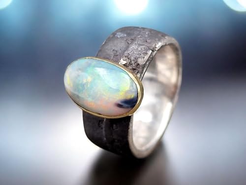 LeoLars-PABE Lava Design Ring mit Lightning Ridge Opal in Pastell mehrfarbigem Opalfeuer in 585er Gelbgold Fassung, Ring aus geschwärztem 925er Silber, Größe 56/57 (18), Unikat, Handarbeit