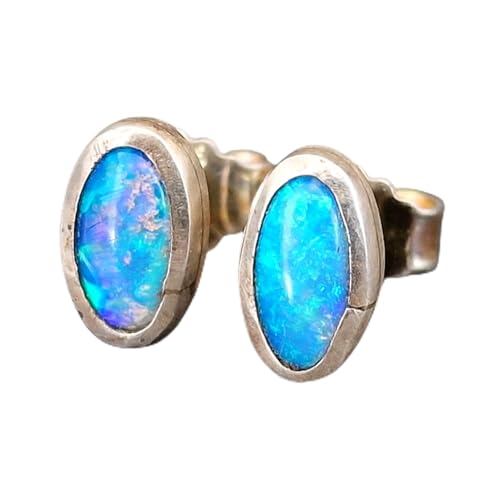Lightning Ridge Opal Ohrstecker aus 925er Silber mit Flügelmuttern, Opale mit herrlichem grün-blauem Opalfeuer, schlicht, Unikat, Handarbeit
