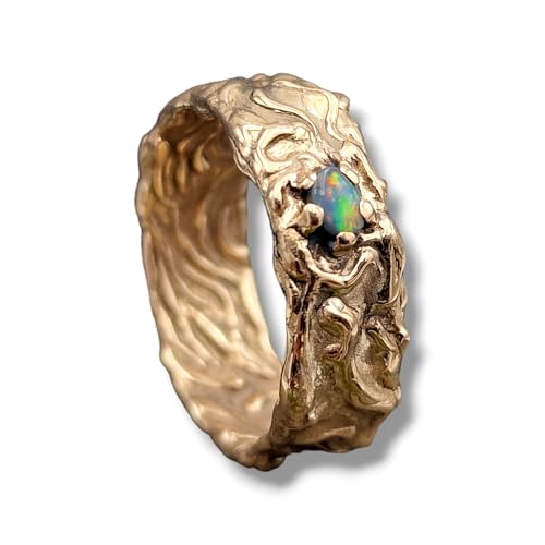 Herrlicher Lightning Ridge Opal Design Ring, Gr. 64 (20.2), Unisex, aus 585er Gelbgold mit toller verschnörkelter Oberfläche innen und außen, Opal mehrfarbig 4,8x3,6mm, Unikat, Handarbeit