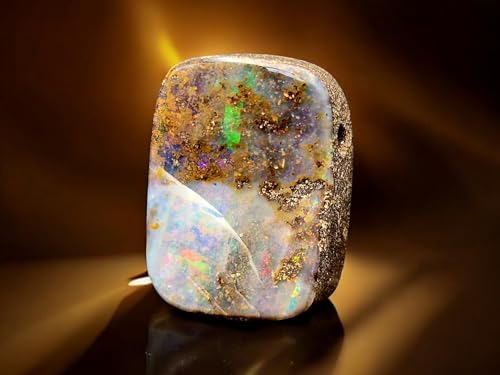 gebohrter Boulder Opal Anhänger mit 60cm Lederband, Opal mit Multicolor Opalfeuer in klarer Opalschicht, Wachstumsriss - doch stabil, 27,6 x 20,4 x 9,8mm, Unikat, Handgeschliffen