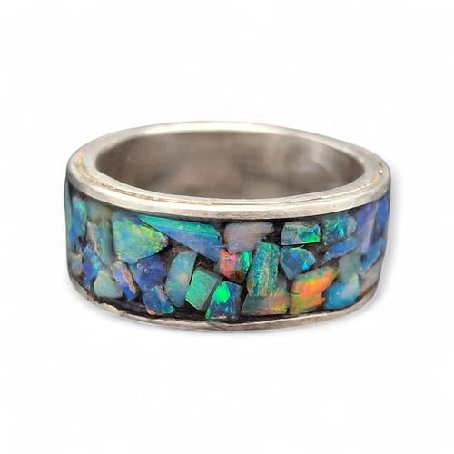 LeoLars-PABE Lightning Ridge Opal Mosaik Design Ring, Gr.57-58 (18,3), aus 925er Silber, Opalsplitter intensiv Multicolor, Unikat, Handarbeit