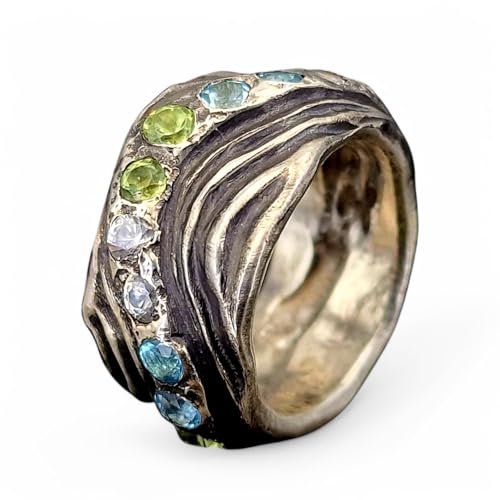 LeoLars-PABE Dangaster Wattenmeer Design Ring, Gr. 57 (18,3) aus 925er Silber mit Peridot, Blautopas und Bergkristall, Wellenmuster, teilgeschwärzt, Unikat, Handarbeit, Massiv