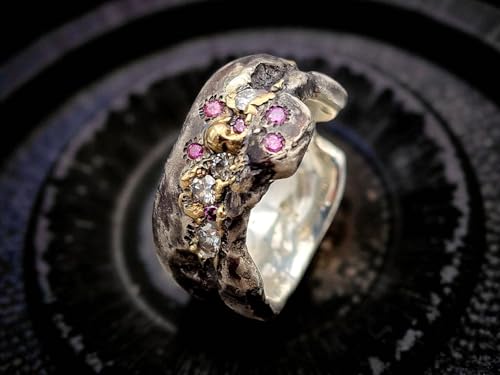 LeoLars-PABE Rustikaler Design Ring, Gr. 61 (19,5), aus 925er Silber und 585er Gelbgold Elementen mit weißen und pinken Labgrown Diamanten, teilgeschwärzt, Unikat, Handarbeit