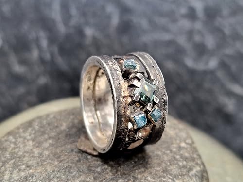 LeoLars-PABE Lava Design Ring mit grünem Turmalin, blauem Rohdiamant Würfeln und weißen Topasen, Ring aus 925er Silber, geschwärzt, wie erstarrte Lava, Gr.54 (17,2), Unikat, Handarbeit