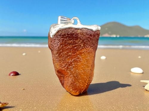 LeoLars-PABE Nordsee Bernstein Design Anhänger aus 925er Silber, unbearbeitet, natürlich, klar, Orange, schöne Oberflächen Struktur, 37mm x 24,8mm, Unikat, Design, Unisex