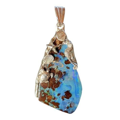LeoLars-PABE Maritimer Boulder Opal Design Anhänger aus 925er Silber, grün-blaues Opalfeuer, Akzente wie Muscheln, Seestern, Meeresschildkröte und ein Seepferdchen, Unikat, Unisex, Handarbeit