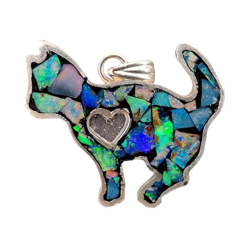 LeoLars-PABE Lightning Ridge Opalsplitter Katzen Anhänger aus 925er Silber, tolles Multicolor Opalfeuer, Opale in Kunststoff eingegossen, Katze, Katzen-Opalliebhaber, Herz, Unikat, Handarbeit, Unisex