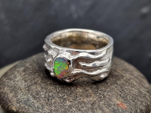 LeoLars-PABE Lightning Ridge Opal Design Ring, Gr. 54 (17,3), aus 925er Silber, Wellen Design, Multicolor Opalfeuer Semi Chrystal Opal, Unikat, Handarbeit