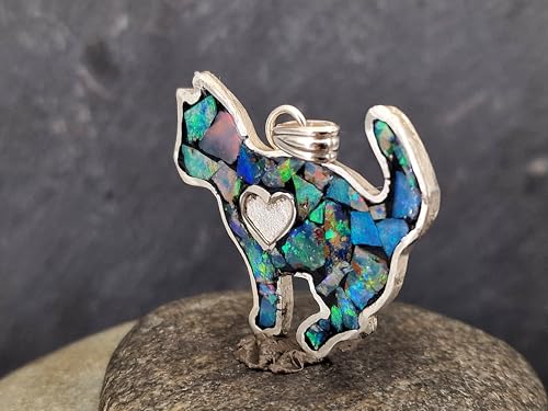 LeoLars-PABE Lightning Ridge Opalsplitter Katzen Anhänger aus 925er Silber, tolles Multicolor Opalfeuer, Opale in Kunststoff eingegossen, Katze, Katzen-Opalliebhaber, Herz, Unikat, Handarbeit, Unisex