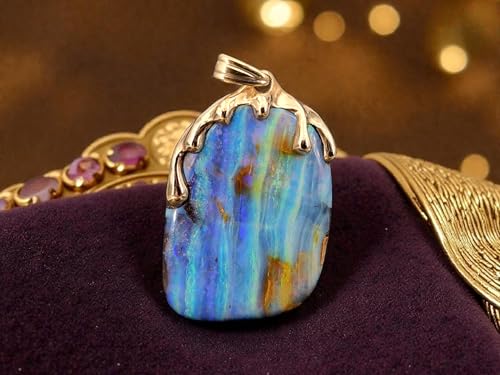 LeoLars-PABE herrlicher Boulder Opal Design Anhänger aus 585er Gelbgold im Tropfen Design, Opalschicht mit mehrfarbigem Opalfeuer, mit Wachstumsrissen, Stabil, Unikat, Handarbeit, Unisex