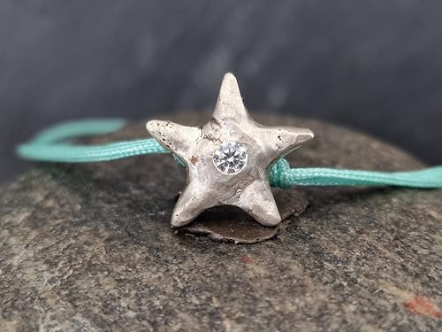 LeoLars-PABE Hellblaues Makramee Design Armband mit Seestern aus 925er Silber mit Labgrown Diamant, Umfang von 16-24cm, Unikat, Handarbeit