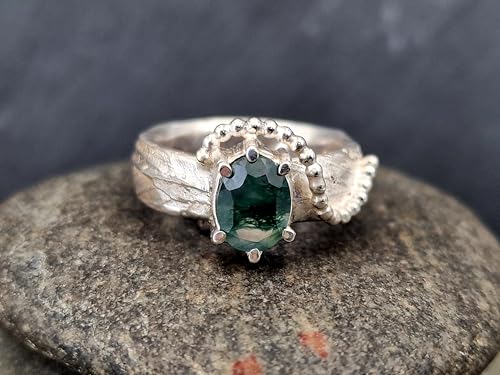 LeoLars-PABE Moosachat Kräuterdesign 420 Ring, Gr. 54 (17,3), aus 925er Silber mit echter Kräuter Oberflächen Struktur, verspielt, Unikat, Handarbeit