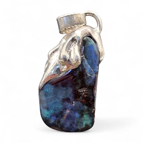 LeoLars-PABE Design Anhänger aus 925er Silber mit Boulder Opal im Tropfen Design, flüssiges Silber, Opal mit dunkelblauer gemeiner Opalschicht und mehrfarbigem Opalfeuer, Unikat, Handarbeit, Unisex