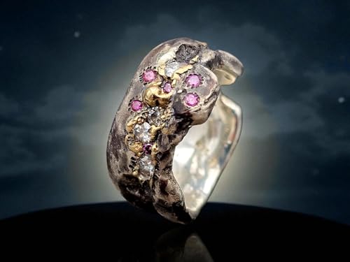 LeoLars-PABE Rustikaler Design Ring, Gr. 61 (19,5), aus 925er Silber und 585er Gelbgold Elementen mit weißen und pinken Labgrown Diamanten, teilgeschwärzt, Unikat, Handarbeit
