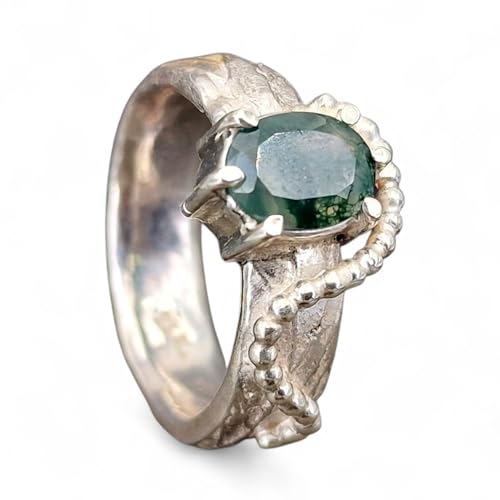 LeoLars-PABE Moosachat Kräuterdesign 420 Ring, Gr. 54 (17,3), aus 925er Silber mit echter Kräuter Oberflächen Struktur, verspielt, Unikat, Handarbeit