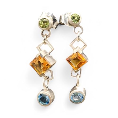 Design Ohrhänger baumelnd mit Stecker aus 925er Silber mit Peridot, Citrin und Blautopas in Zargenfassung, Unikat, Handarbeit