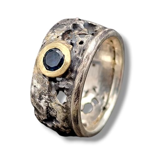 LeoLars-PABE Parti Saphir Lava Design Ring aus 925er Silber und 585er Goldfassung, Ring teilgeschwärzt wie erstarrte Lava, Saphir in grün und blau, Unikat, Handarbeit, Größe 56 (17,8)