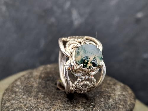 LeoLars-PABE Verspielter und verschnörkelter Moosachat Design Ring aus 925er Silber, Gr.54-55(17,5), Nr. 0108, Unikat, Handarbeit