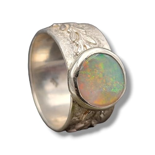 LeoLars-PABE Lightning Ridge Opal Ring, Gr. 63 (20) aus 925er Silber,Opal- pastellfarbenes Opalfeuer. D-10,3mm, Ring mit Muster und Ranke, Unikat, Handarbeit, Ring 26,1x23,9x 12,5