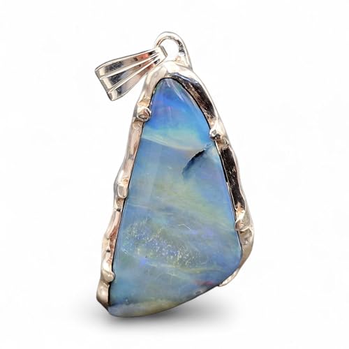 LeoLars-PABE Boulder Opal Design Anhänger aus 925ere Silber, Spezialfassung individuell, Opal mit gemeiner Opalschicht und partiellem Opalfeuer in grün und blau, Unikat, Handarbeit, Unisex