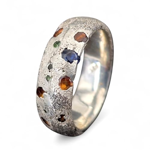 LeoLars-PABE Sandguss Chaos Design Ring, Gr. 61 (19,5), aus 925er Silber, Sandguss typische Oberfläche, eingegossene orange, blaue und grüne Saphire, Nr. 159, Unikat, Handarbeit