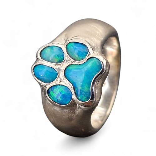 LeoLars-PABE Herrlicher Lightning Ridge Opal Pfötchen Ring aus 925er Silber, Gr.56 (18), brilliantes grün-blaues Opalfeuer, Pfote, Hund, Unikat, Handarbeit