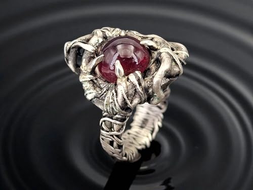 LeoLars-PABE Magischer Granat Design Ring, Gr. 62 (19,7), aus teilgeschwärztem 925er Silber, organisch, verschnörkelt, wild, Krallenfassung, Unikat, Handarbeit, Unisex