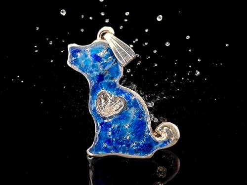 Hauyn Splitter Hunde Design Anhänger aus 925er Silber, kräftiges blau, unter UV-Licht Orange leuchtend, in Kunststoff eingegossen, Hund, Welpe, Herz, Hundeliebhaber, Unikat, Handarbeit, Unisex