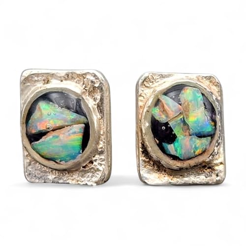 Lightning Ridge Opal Ohrstecker aus 925er Silber, Multicolor Opalsplitter Mosaik, mit Flügelmutter, Unikat, Handarbeit, Unisex