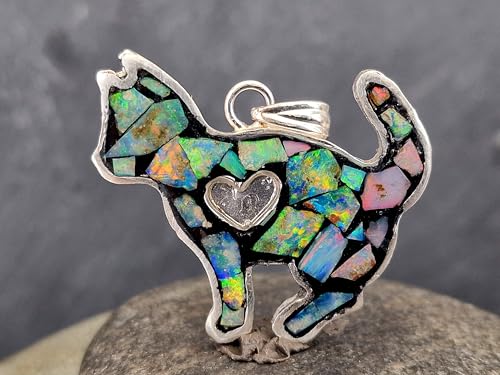 LeoLars-PABE Multicolor Opalsplitter (Lightning Ridge), Katzen Design Anhänger aus 925er Silber, Opale in Kunststoff eingegossen, Katze, Katzen und Opalliebhaber, bunt, Handarbeit, Unikat, Unisex