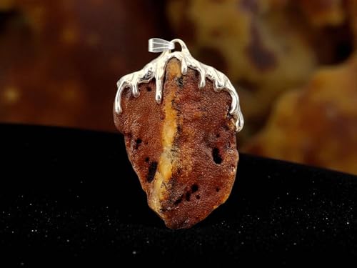 LeoLars-PABE großer Nordsee Bernstein Design Anhänger aus 925er Silber, gelb-braun mit natürlicher Oberfläche, Tropfendesign, beidseitig tragbar, Unikat, Handarbeit, Unisex