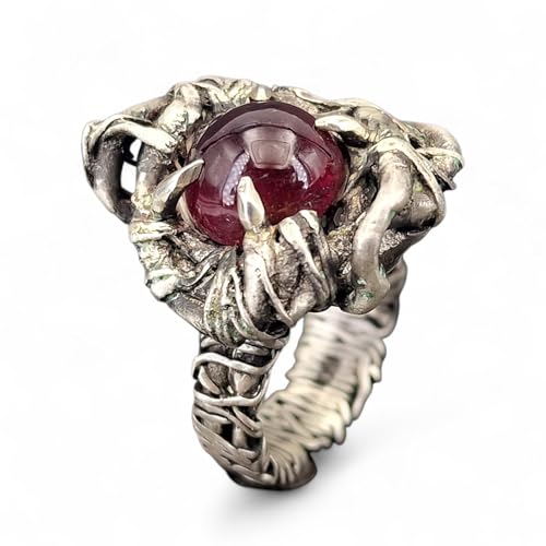 LeoLars-PABE Magischer Granat Design Ring, Gr. 62 (19,7), aus teilgeschwärztem 925er Silber, organisch, verschnörkelt, wild, Krallenfassung, Unikat, Handarbeit, Unisex