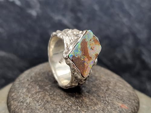 LeoLars-PABE Boulder Opal Design Ring aus 925er Silber in unserem speziellen organischen Design, Opal mit mehrfarbigem Feuer Größe 55-56 (17,7) in Zargenfassung, Unikat, Handarbeit