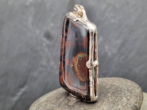 LeoLars-PABE Boulder Opal Design Anhänger aus 925er Silber, Opal Picture Stone mit tollem Muster und partiell mehrfarbigem Opalfeuer, Gitterfassung, Unikat, Handarbeit, Unisex