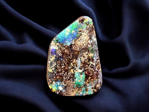 Großer dicker Boulder Opal Anhänger gebohrt mit 60cm Lederband, Opal - grün-blaues Opalfeuer, partiell Multicolor, brilliante Farben, 33 x 22,7 x 10,2mm, Unikat, Handgeschliffen