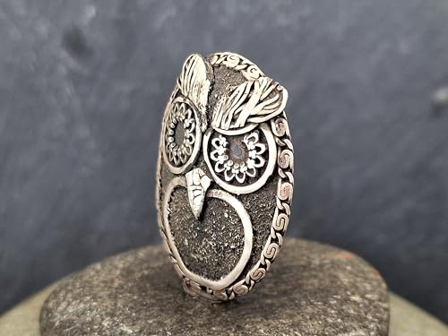 LeoLars-PABE Bolo als Eule aus 925er Silber, Western Style, Cowboy, skeptische Eule, Uhu, teilgeschwärzt, mit gekordeltem Lederband, Unikat, Handarbeit, Unisex