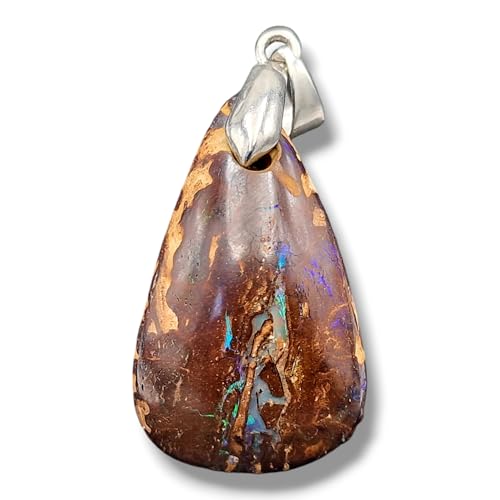 Boulder Opal Anhänger mit Frontbohrung und 925er Silberschlaufe, Opal mit wildem Opaladermuster, in der Mitte partielles Opalfeuer in grün und blau, Maße: 30mm x 18mm x 10,2mm, Unikat, Handgeschliffen