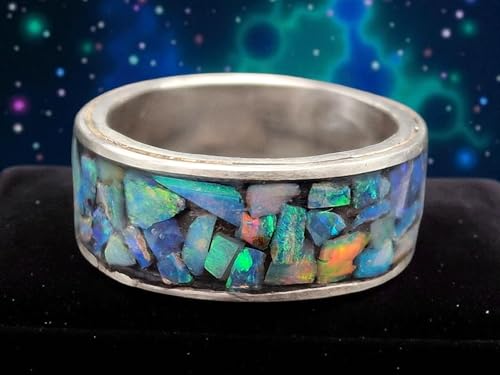 LeoLars-PABE Lightning Ridge Opal Mosaik Design Ring, Gr.57-58 (18,3), aus 925er Silber, Opalsplitter intensiv Multicolor, Unikat, Handarbeit