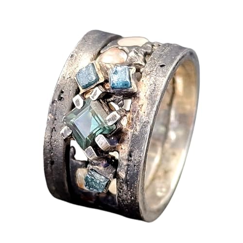 LeoLars-PABE Grüner Turmalin und blaue Rohdiamant Würfel Design Ring aus 925er Silber, Gr. 54 (17,3), geschwärzt, Rau, Natürlich, verspielt, Lavadesign, eingegossene weiße Saphire, Unikat, Handarbeit