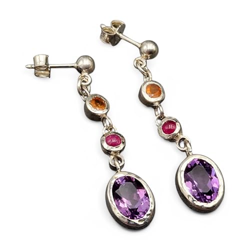 Design Edelstein Ohrhänger baumelnd mit Stecker aus 925er Silber mit Mandarin Granat, Rubin und Amethyst in Zargenfassung, Unikat, Handarbeit
