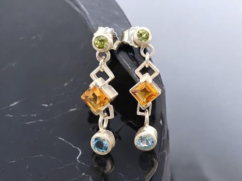 Design Ohrhänger baumelnd mit Stecker aus 925er Silber mit Peridot, Citrin und Blautopas in Zargenfassung, Unikat, Handarbeit