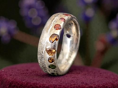 LeoLars-PABE Chaos Sandguss design Ring mit echten eingegossenen Edelsteinen, Gr.60 (19,2), aus 925er Silber, mit Sandguss Oberfläche, Unikat, Handarbeit, Unisex, Nr. 158