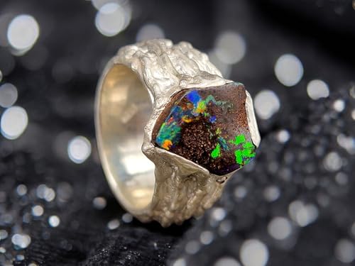 LeoLars-PABE Boulder Opal Design Ring aus 925er Silber, Gr. 57 (18,2), Opal Multicolor Opalfeuer, 12,9 x 10,5mm, Organisch fließendes gewachsenes Design, Unikat, Handarbeit