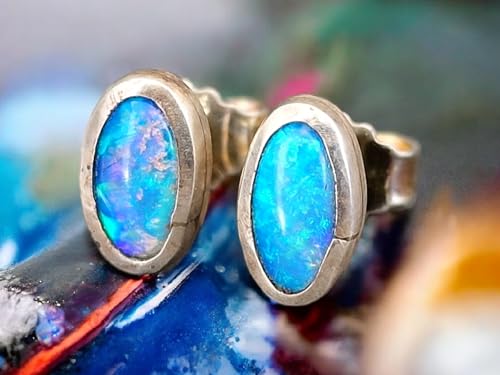 Lightning Ridge Opal Ohrstecker aus 925er Silber mit Flügelmuttern, Opale mit herrlichem grün-blauem Opalfeuer, schlicht, Unikat, Handarbeit