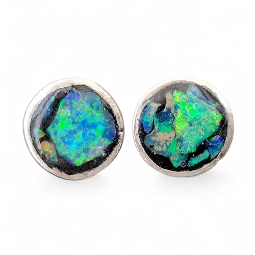Lightning Ridge Opalsplitter Ohrstecker aus 925er Silber mit Flügelmuttern, mit mehrfarbigem Opalfeuer, in Kunststoff eingegossen, Unikat, Handarbeit