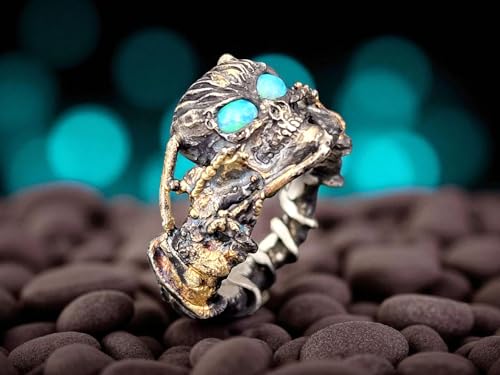 Kunstvoller hochwertiger Biker-Skull Ring in Bicolor mit 2 Lightning Ridge Opalen in grün-blau, Gr.59 (19), aus 925er Silber geschwärzt und Feingold Elementen, Kunstwerk, Totenschädel, Schädel, Unikat