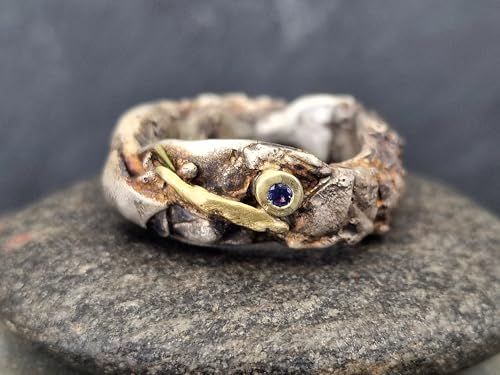 Grober massiver teilgeschwärzter 925er Silber Design Ring, Gr. 59-60 (19), mit Tansanit in 585er Gelbgold Fassung und Goldelementen, natürlich, außergewöhnlich, Unikat, Unisex, Handarbeit