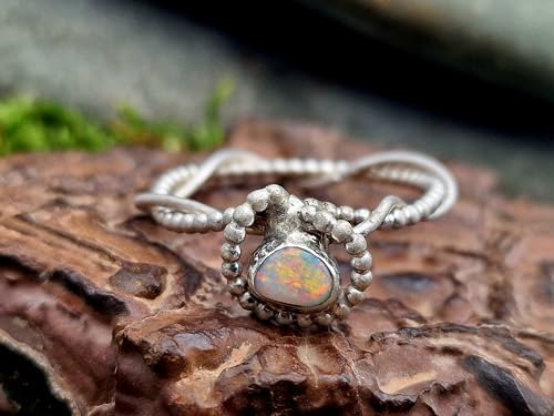 LeoLars-PABE Heller Lightning Ridge Opal Design Ring mit viel rotem Opalfeuer und Multicolor, Gr. 58 (18,5), aus 925er Silber, verspielt, mit Perldraht, Unikat, Handarbeit